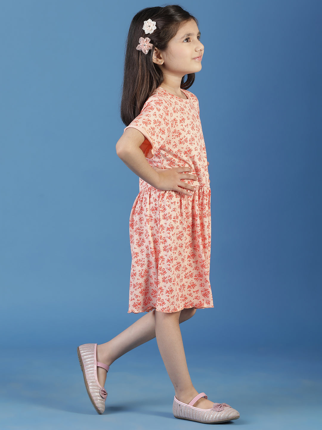 Girls Peach Floral A-Line Dress