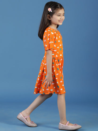 Girls Orange Floral A-Line Dress