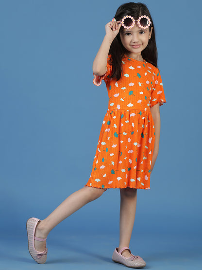 Girls Orange Floral A-Line Dress