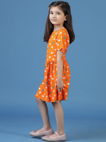Girls Orange Floral A-Line Dress
