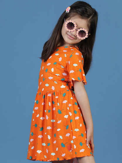 Girls Orange Floral A-Line Dress
