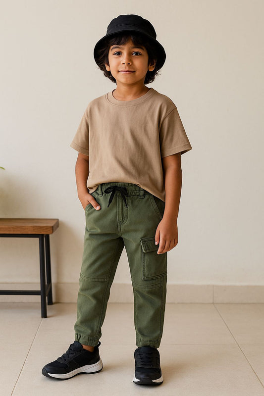 Boys Lycra Green Casual Washed Joggers