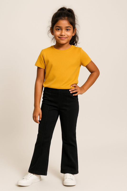 Girls Black Lycra Washed Bell Bottom Jeggings