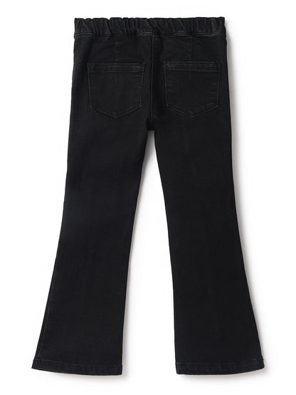 Girls Black Lycra Washed Bell Bottom Jeggings