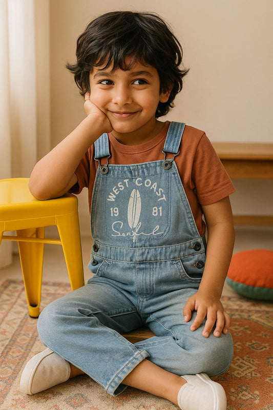 Boys Cotton Poly Blue Printed Tapered Fit Dungaree