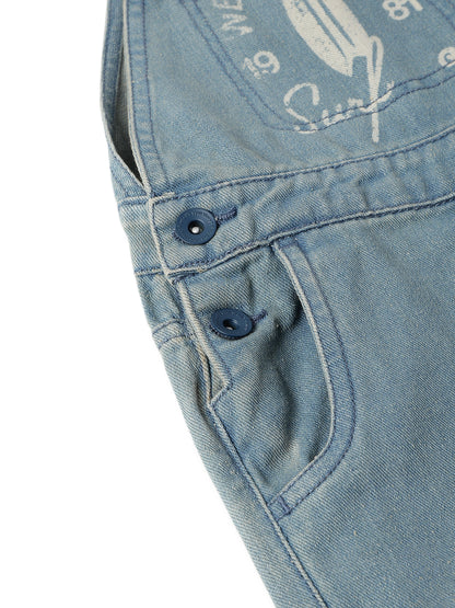 Boys Cotton Poly Blue Printed Tapered Fit Dungaree