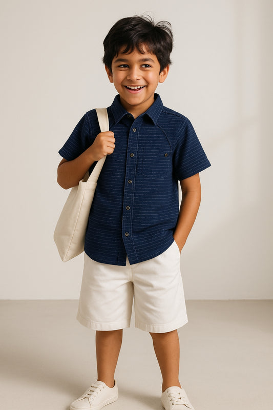 Boys Blue Striped Cotton Half Sleeve  Shirt