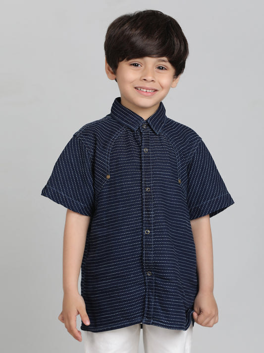Boys Blue Striped Cotton Half Sleeve  Shirt