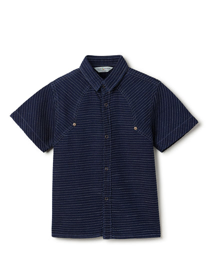 Boys Blue Striped Cotton Half Sleeve  Shirt