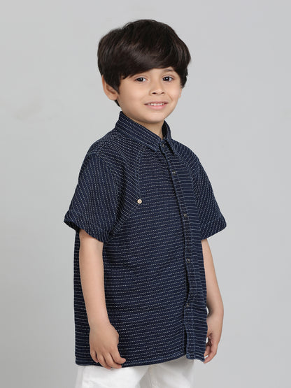 Boys Blue Striped Cotton Half Sleeve  Shirt