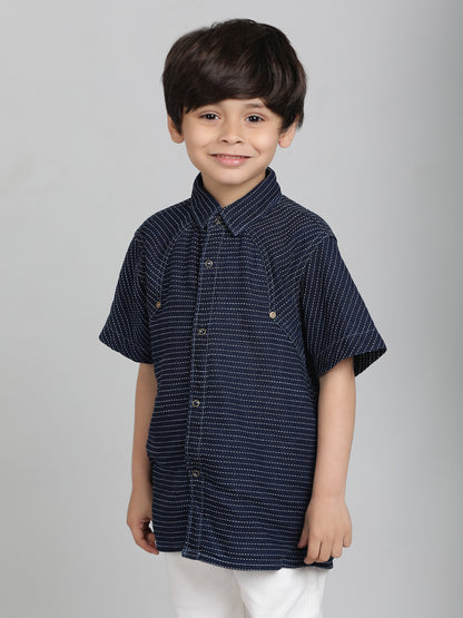 Boys Blue Striped Cotton Half Sleeve  Shirt