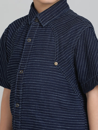 Boys Blue Striped Cotton Half Sleeve  Shirt