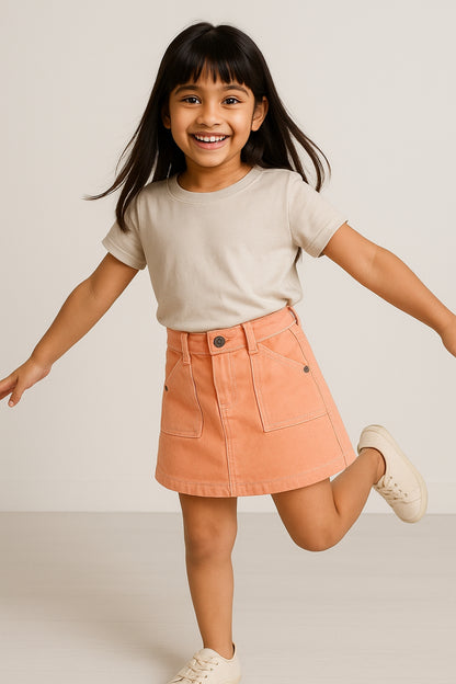 Girls Peach Washed Lycra Above Knee Skirt