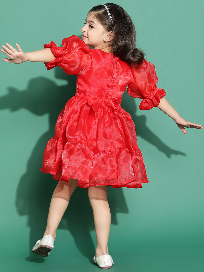 Girls Red Solid Partywear Dress