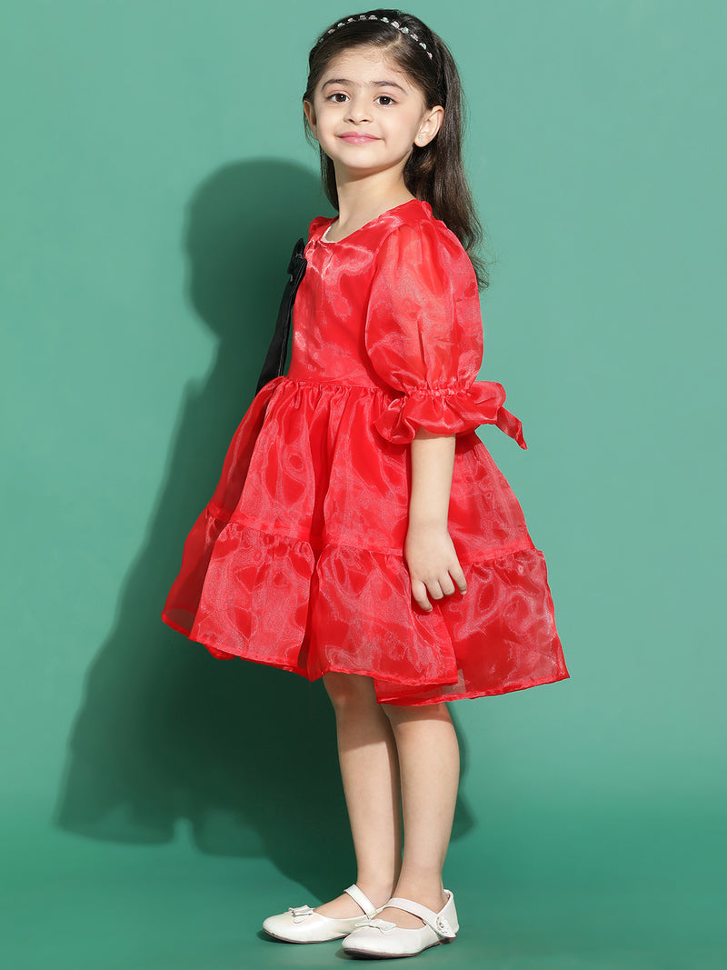 Girls Red Solid Partywear Dress