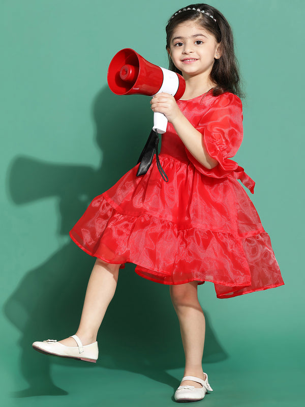 Girls Red Solid Partywear Dress