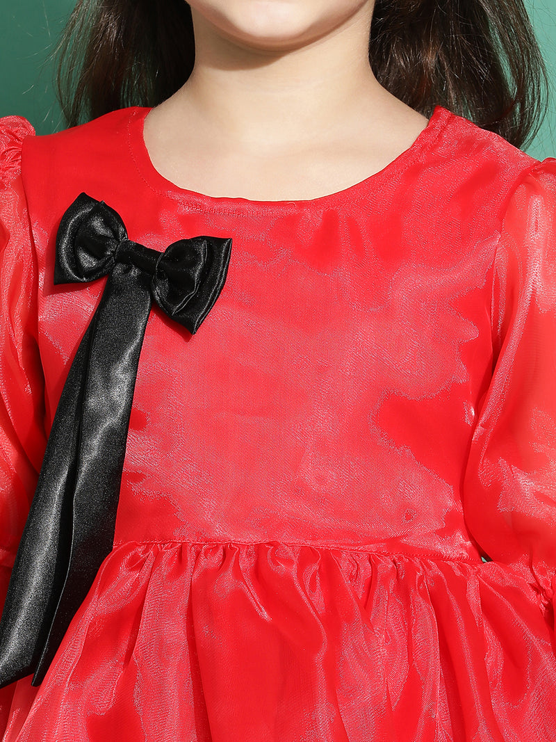 Girls Red Solid Partywear Dress