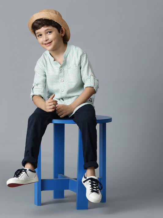 Boys Green Cotton Striped Shirt