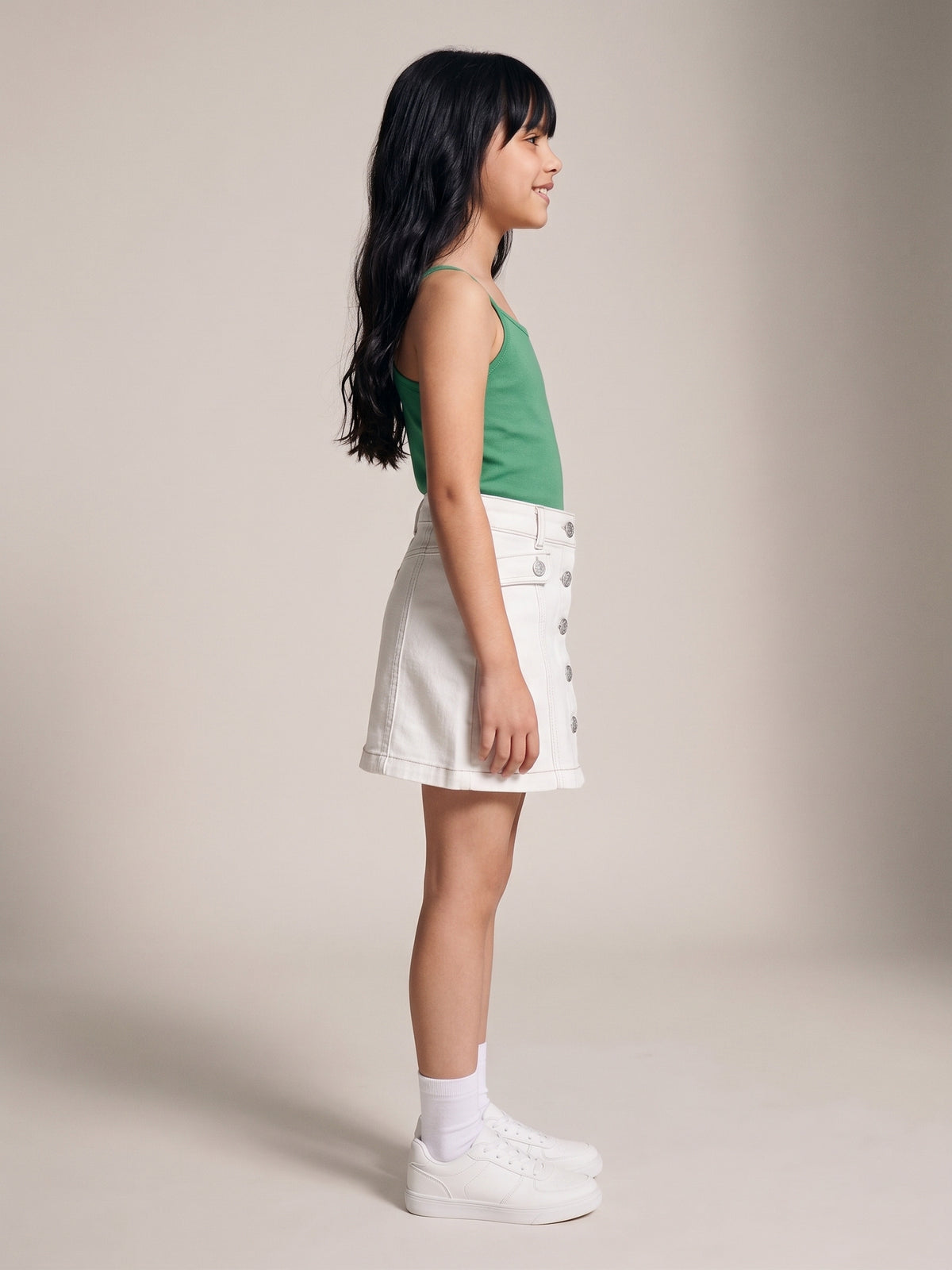 Girls White Washed Lycra Short Skirt with Buttons