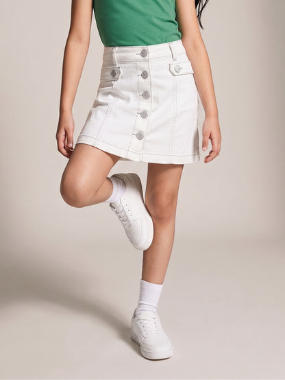 Girls White Washed Lycra Short Skirt with Buttons