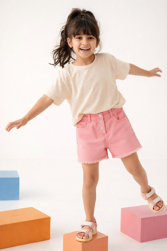 Girls Pink Washed Cotton Thigh Length Shorts