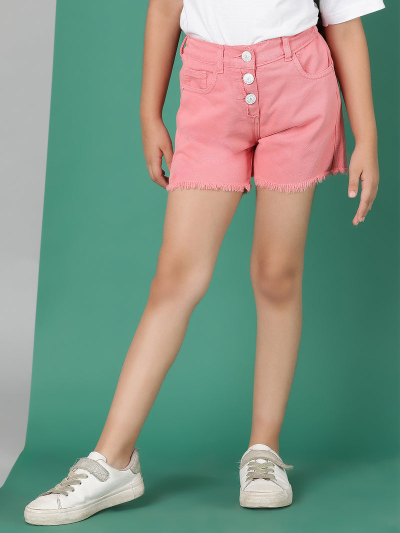 Girls Pink Washed Cotton Thigh Length Shorts