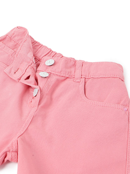 Girls Pink Washed Cotton Thigh Length Shorts