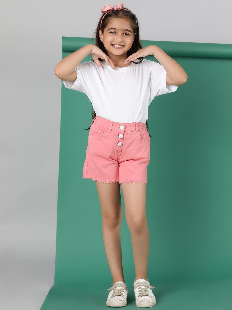 Girls Pink Washed Cotton Thigh Length Shorts