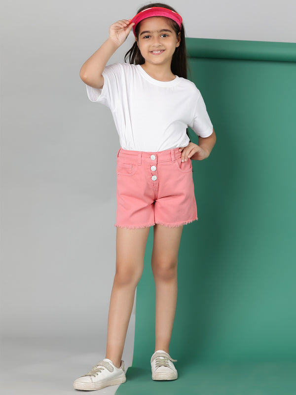 Girls Pink Washed Cotton Thigh Length Shorts