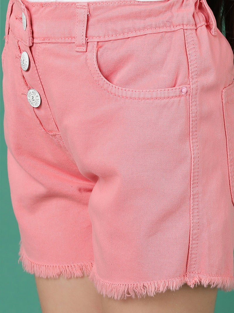 Girls Pink Washed Cotton Thigh Length Shorts