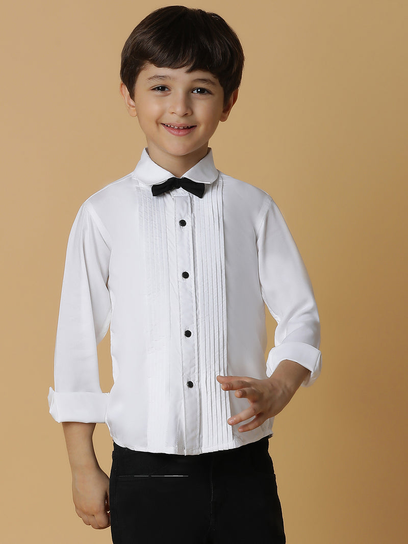 Boys White Solid Shirt With Bow