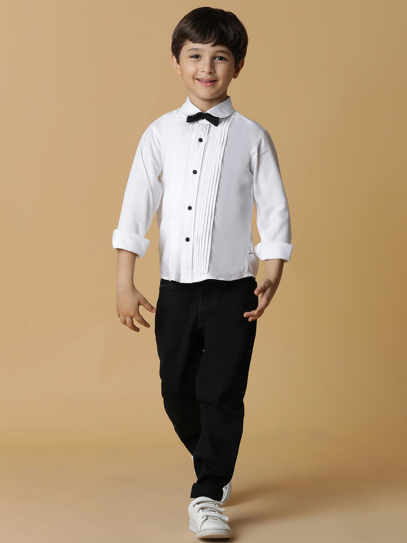 Boys White Solid Shirt With Bow