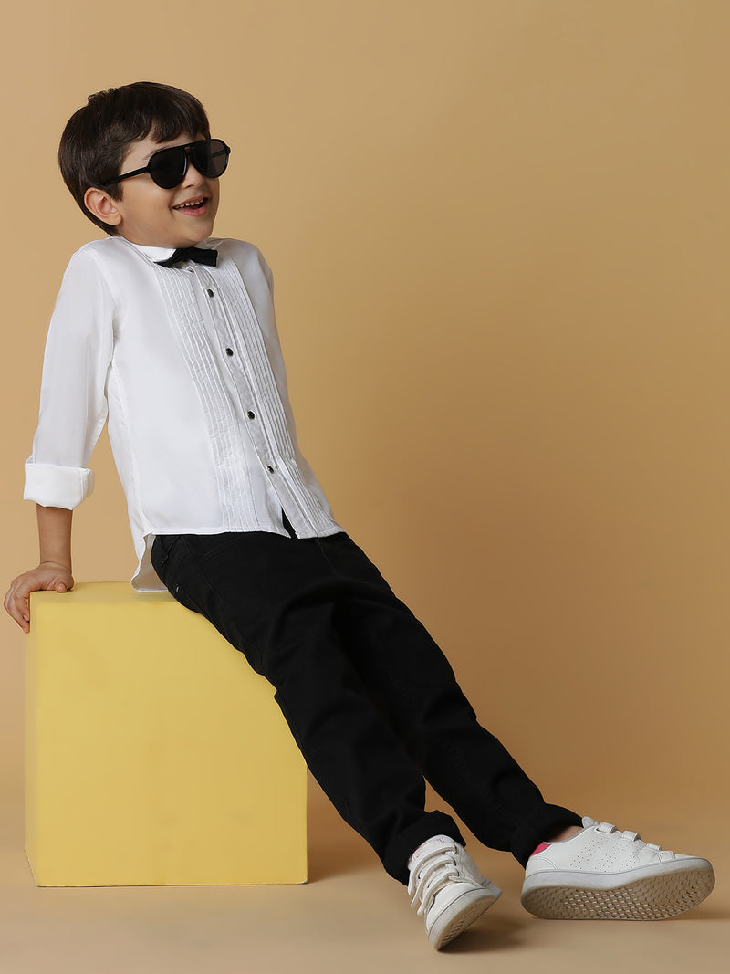 Boys White Solid Shirt With Bow