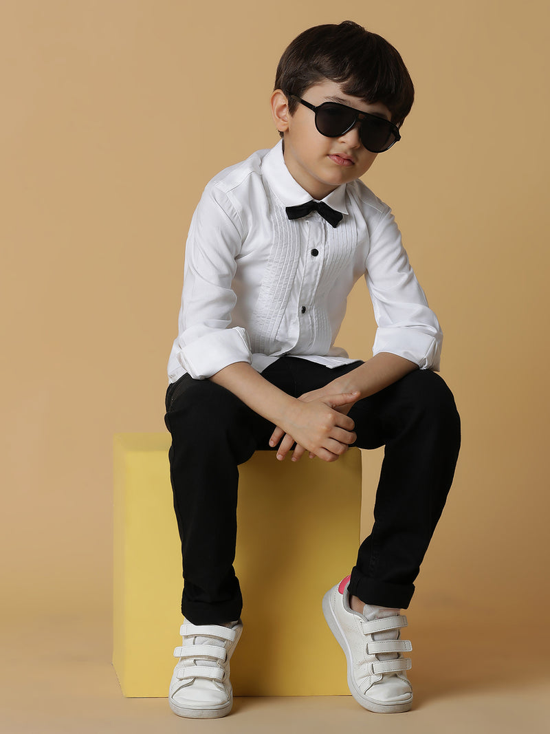 Boys White Solid Shirt With Bow