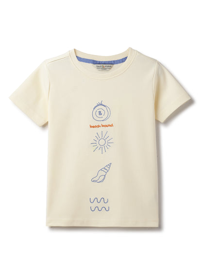 Boys Off White Cotton Embroidery T-shirt