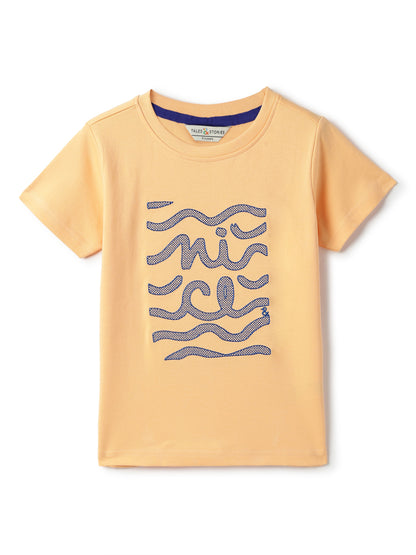 Boys Cotton Rust T-Shirt With Blue Denim Washed Barrel Fit Jeans