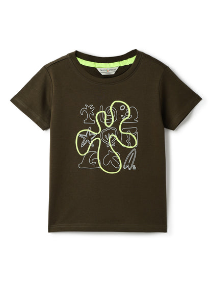 Boys Cotton Olive Printed T-Shirt