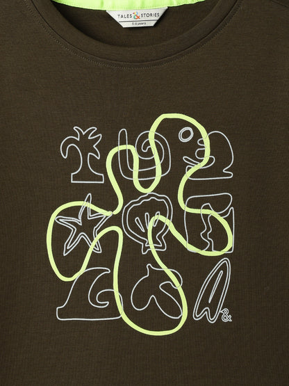 Boys Cotton Olive Printed T-Shirt