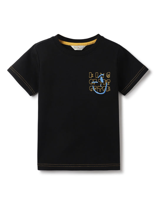 Boys Black Cotton Embroidery T-Shirt