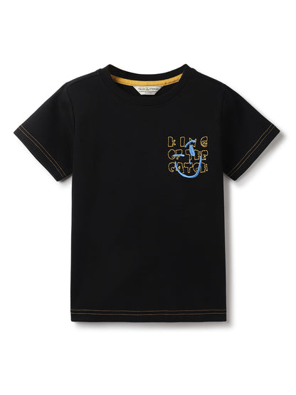 Boys Black Cotton Embroidery T-Shirt