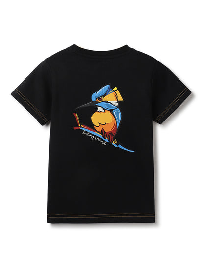 Boys Black Cotton Embroidery T-Shirt