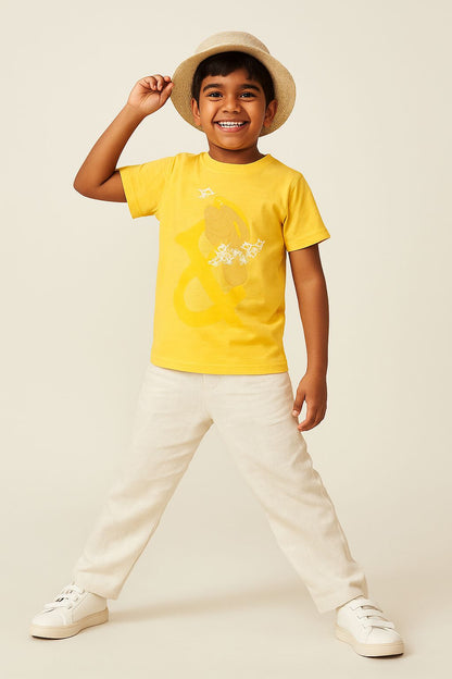Boys Yellow Cotton Print T-Shirt