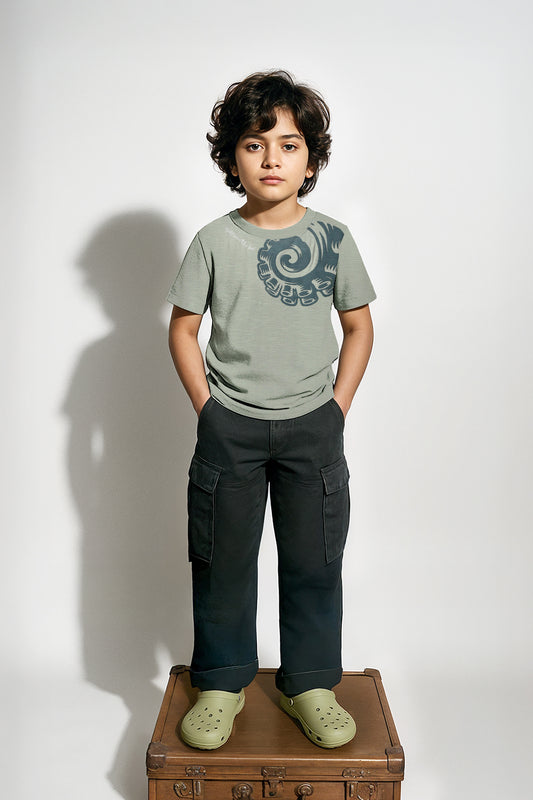 Boys Cotton Grey Printed T-Shirt