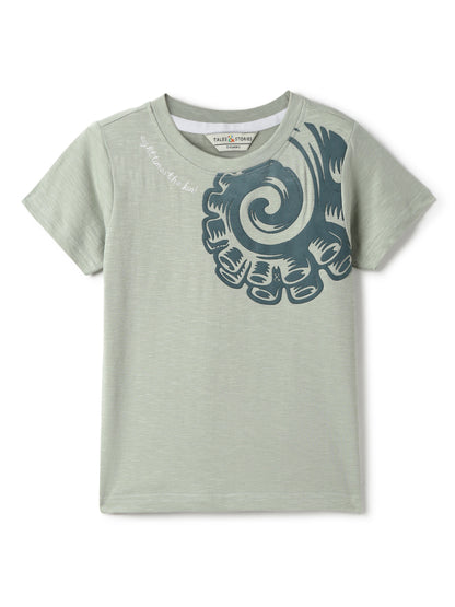 Boys Cotton Printed Grey T-Shirt With Blue Denim Washed Slim Fit Jeans
