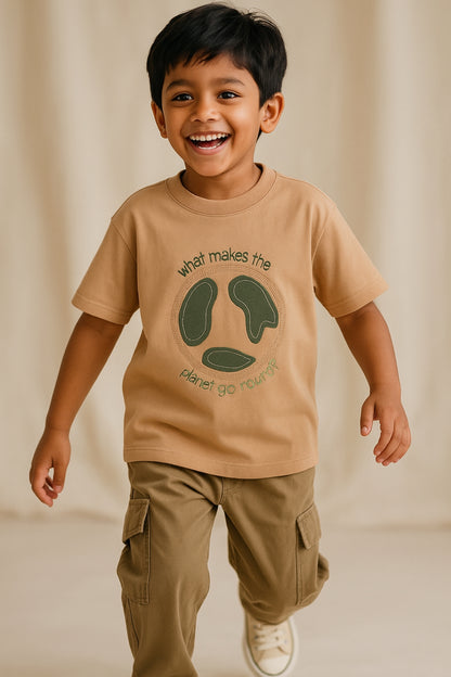 Boys Cotton Beige Embroidered T-Shirt
