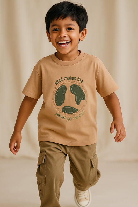 Boys Cotton Beige Embroidered T-Shirt