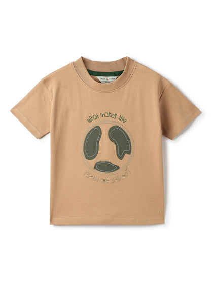 Boys Cotton Beige Embroidered T-Shirt