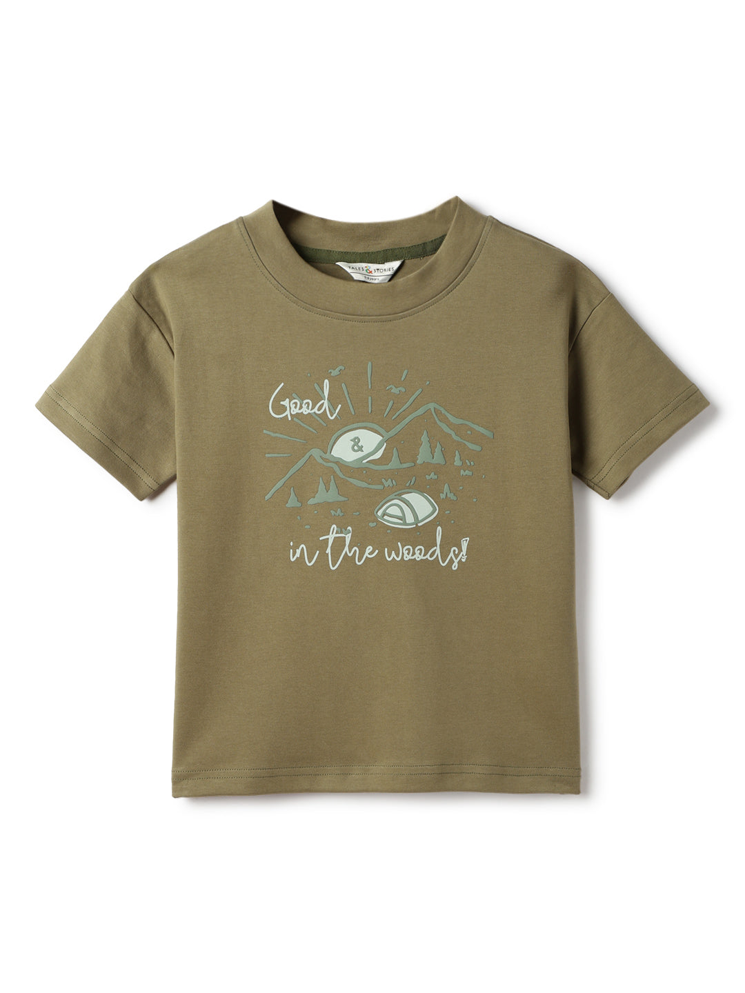 Boys Cotton Dark Olive Printed T-Shirt