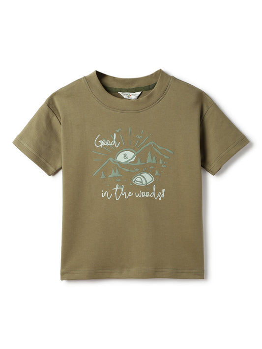 Boys Cotton Dark Olive Printed T-Shirt