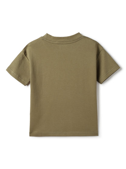 Boys Cotton Dark Olive Printed T-Shirt